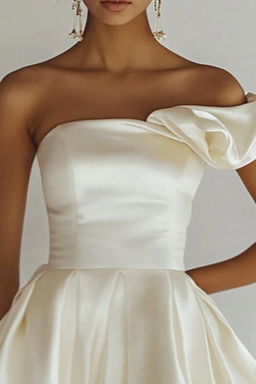 Chic White One Shoulder Ruffle Satin Graduation Dress